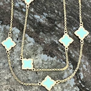 Goldtone Long Aqua Blue Cloverleaf & Crystal Womans Necklace, NWTs